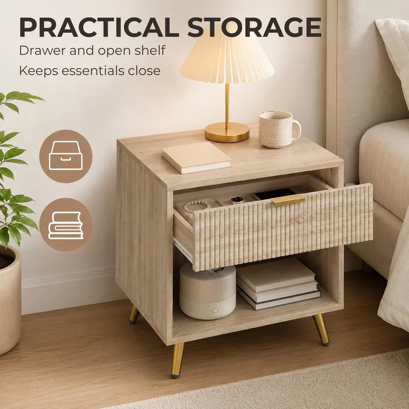 HOMCOM Bedside Table with Drawer and Open Compartment, Nightstand with Handle for Bedroom, Living Room, Natural Wood Finish
