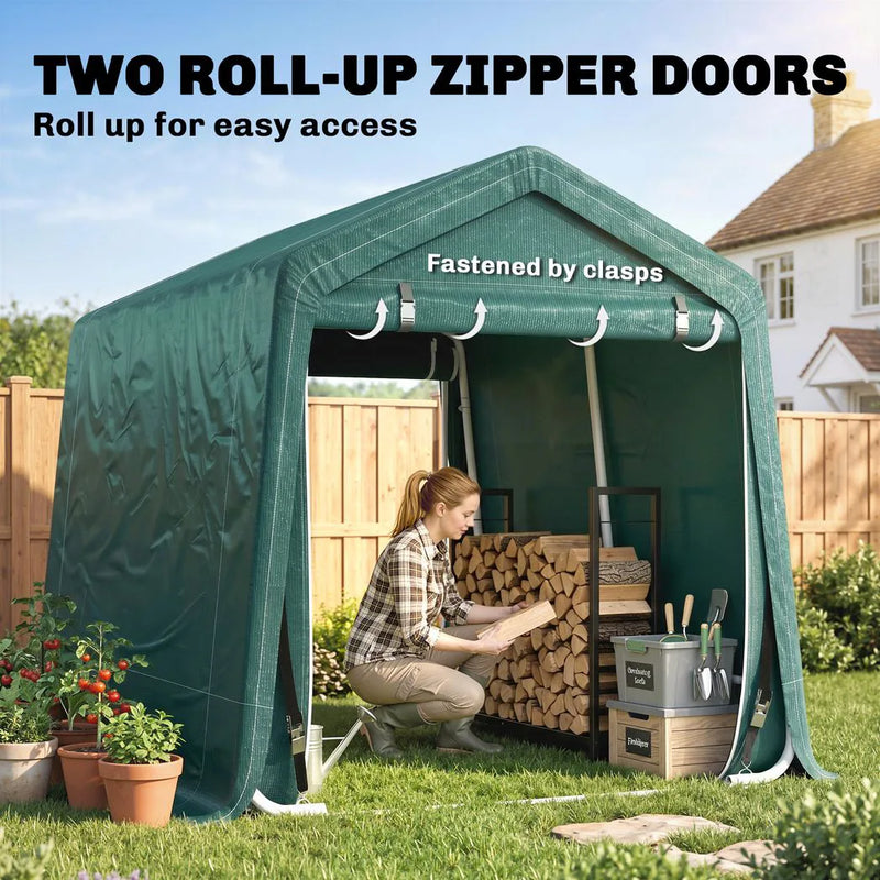 Outsunny 8 x 6.5 ft Outdoor Garden Storage Shed, Waterproof Bike Tent with Double Roll-up Zipper Door for Garden Tools, Green