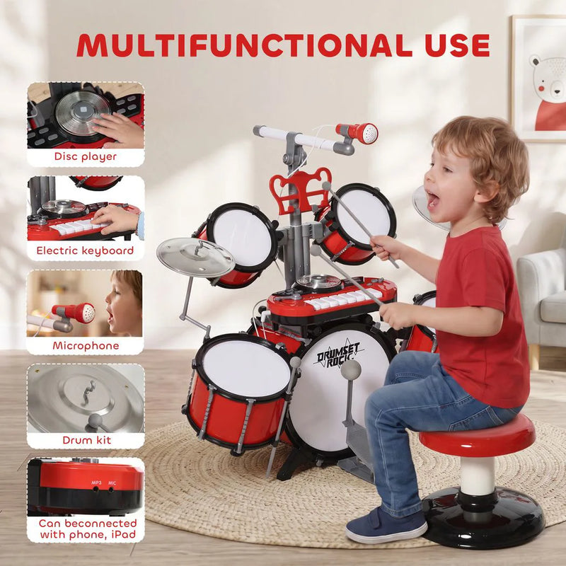 HOMCOM Kids Drum Set for Beginners, Drum Kit with Toy Microphone, Cymbal, Pedal & Drumsticks, Educational Musical Toy, Red