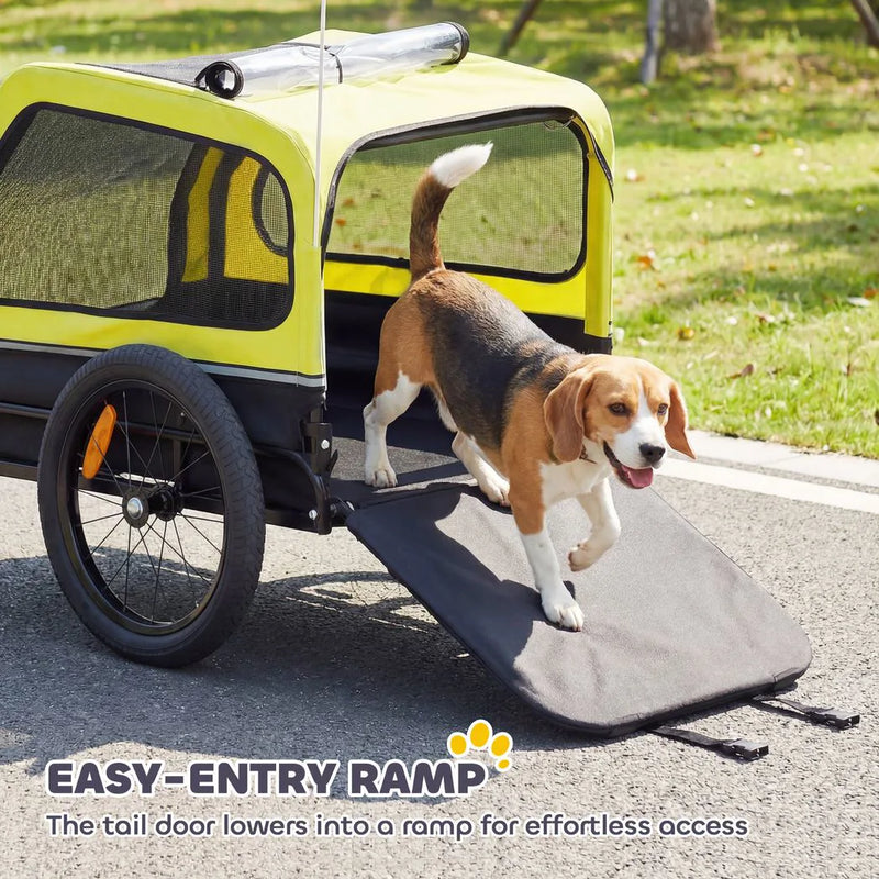 PawHut Dog Bike Trailer with Flip-Down Ramp Tailgate, Quick Release Frame, Universal Bicycle Coupler, Reflectors, Yellow