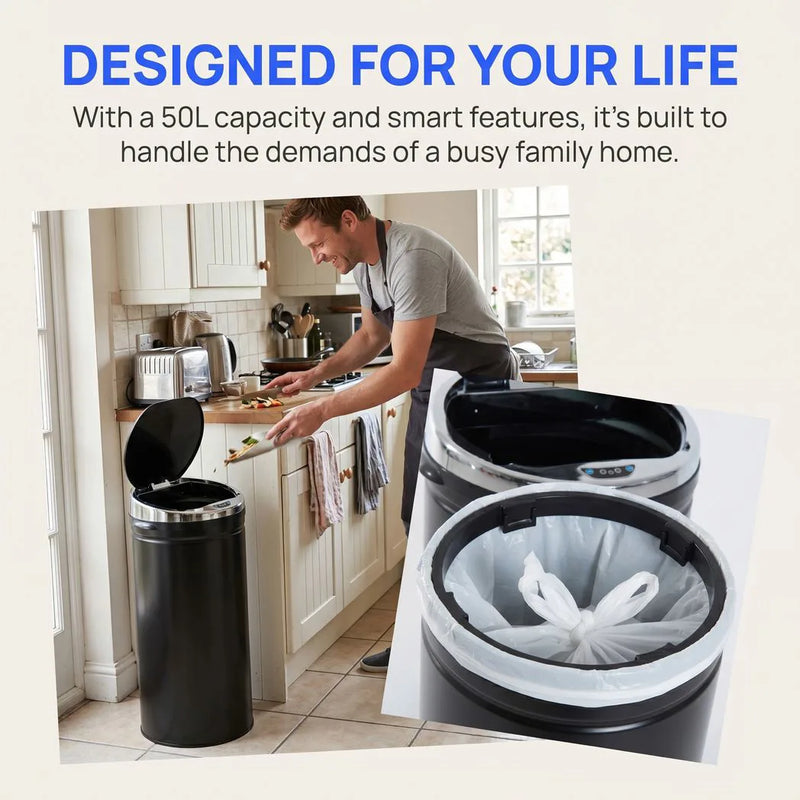 HOMCOM 50L Automatic Motion Sensor Rubbish Bin with Fingerprint Resistant, Stainless Steel, Black