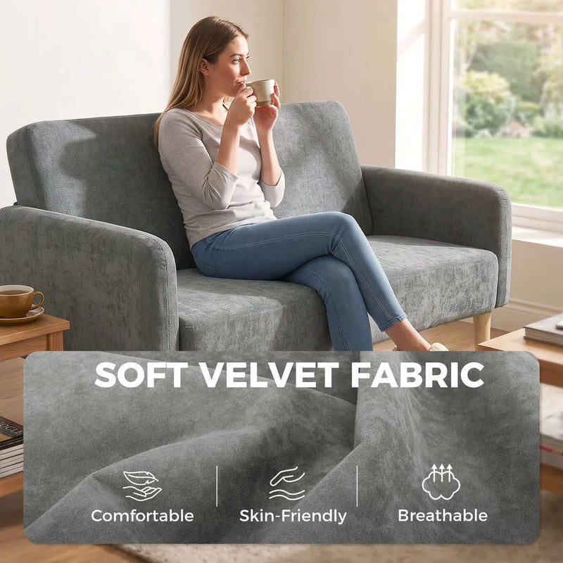 HOMCOM 2 Seater Sofa, Velvet Small Couch with 20cm Thick Padding, Wide and Deep Seat, Grey