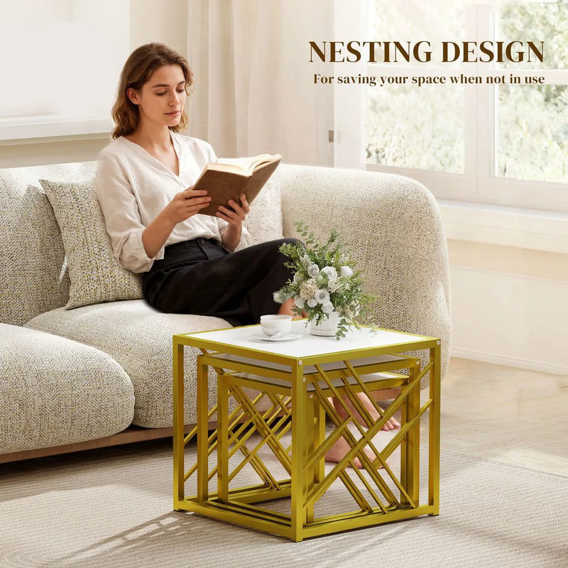 HOMCOM Nesting Coffee Tables, Set of 3 Square Side Tables with Gold Metal Frame, for Living Room, Bedroom and Office, White