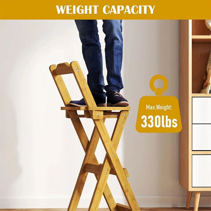 Wooden Folding Bar Stool Bamboo Kitchen Counter Height Stools with Backrest NEW
