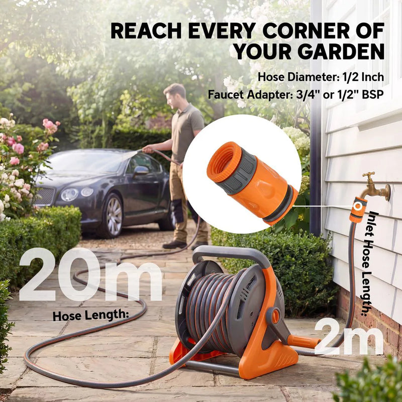 Outsunny Portable Garden Hose Reel, 20 m Wall Mounted Hose Reel with 2 Patterns Spray Nozzle and Crank Handle, Orange
