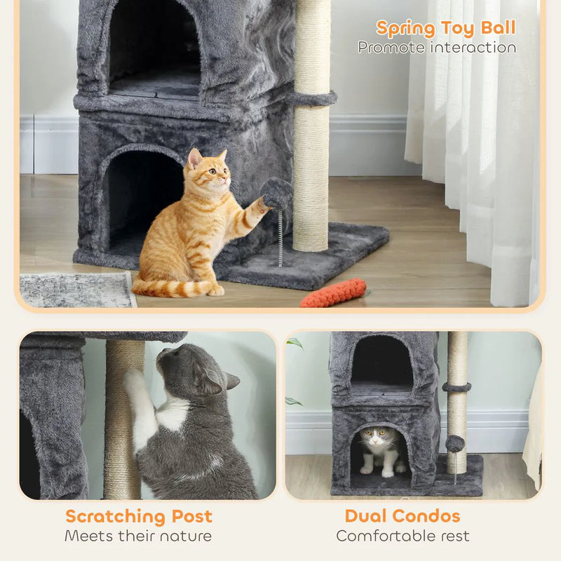 PawHut 66 cm Small Cat Tree for Large Cats, Cat Tower w/ Large Top Perch, 2 Condos, Sisal Scratching Post, Toy Ball, Dark Grey