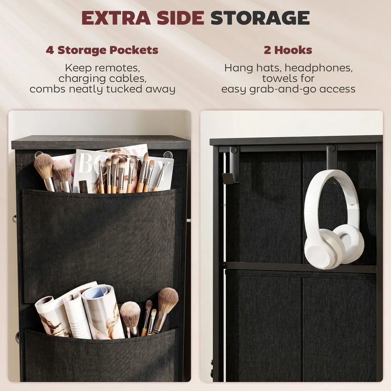 HOMCOM Chest of Drawers, Dresser with 4 Fabric Drawers, Tall Storage Unit with 4 Pockets and 2 Hooks, Steel Frame, Black