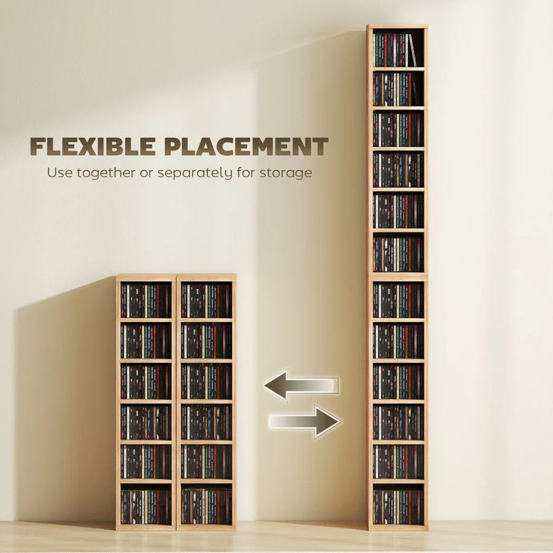 HOMCOM Set of 2 CD Media Display Shelf Unit Tower Rack with Adjustable Shelves, Natural