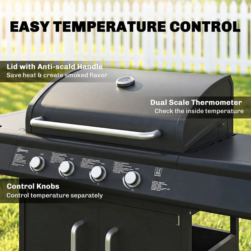 Outsunny 4 Burner Gas BBQ Grill with Storage Cabinet, 15.2 kW Gas Barbecue Trolley with Side Table, 4 Wheels, Warming Rack
