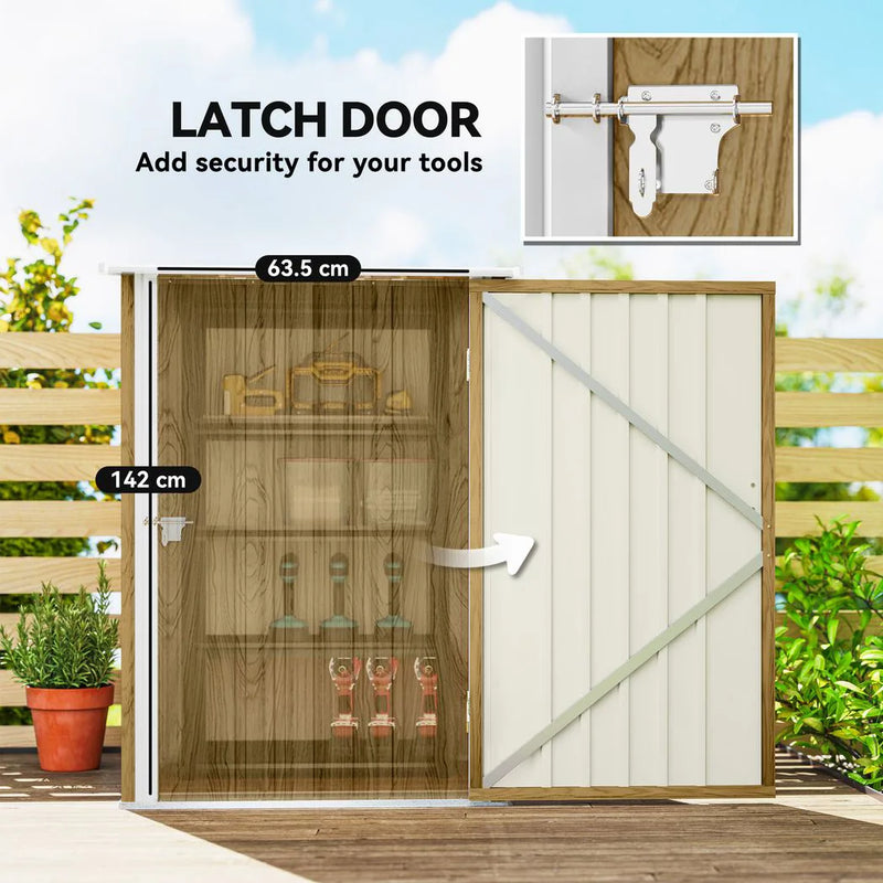 Outsunny 3.3 x 3.4ft Lean To Steel Garden Shed, with Locking Door - Light Brown Wood Effect/White