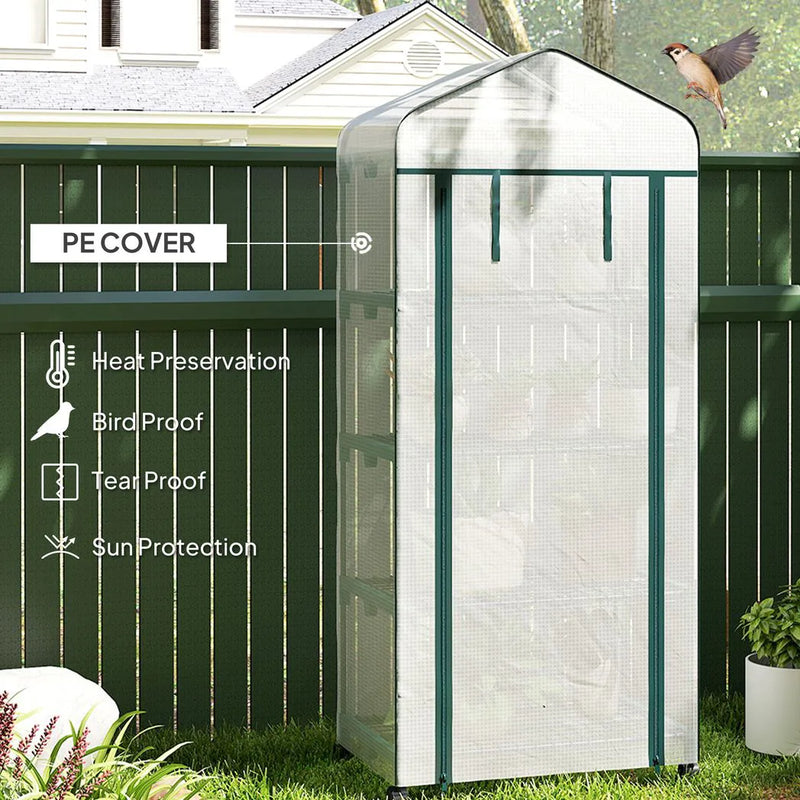 Outsunny 4 Tier Mini Portable Greenhouse Compact Plant Grow Shed Metal Frame PE Cover with Lockable Rolling Wheels, White