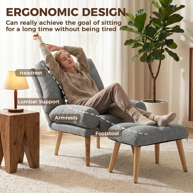 HOMCOM Recliner Chair with Footstool, Recliner Armchair with Adjustable Backrest, Thick Cushion and Wooden Legs, Grey