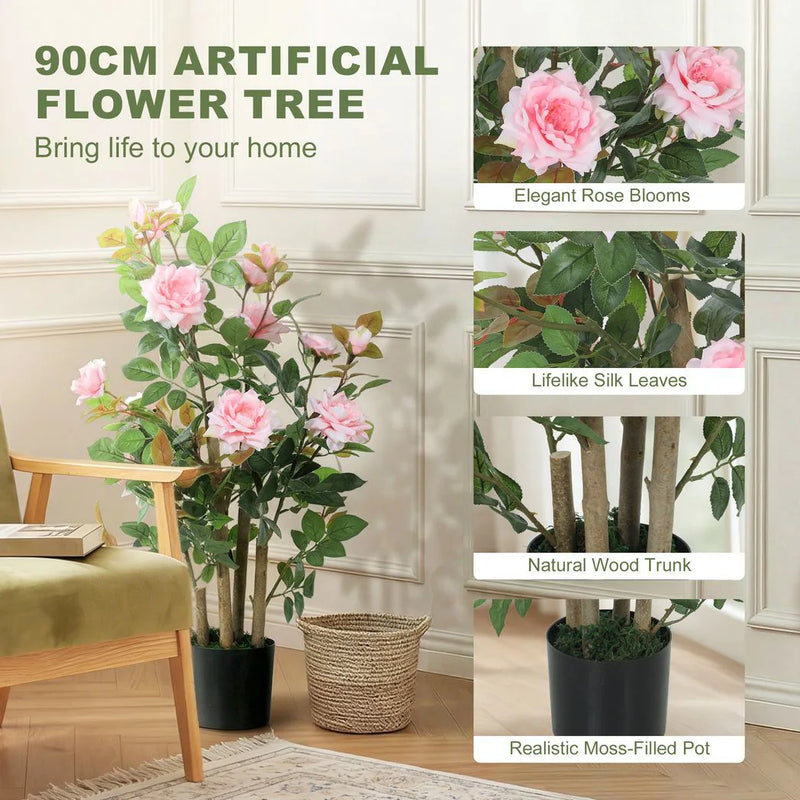 HOMCOM 90cm Artificial Rose Tree Set of 2, Decorative Fake Plant with 344 Silk Leaves 17 Flowers for Outdoor Indoor Decor, Pink