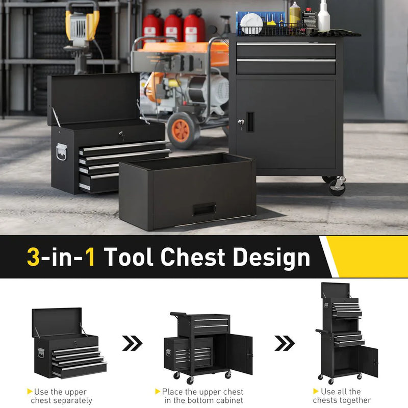 HOMCOM Three-Part Steel Locking Tool Chest - Black