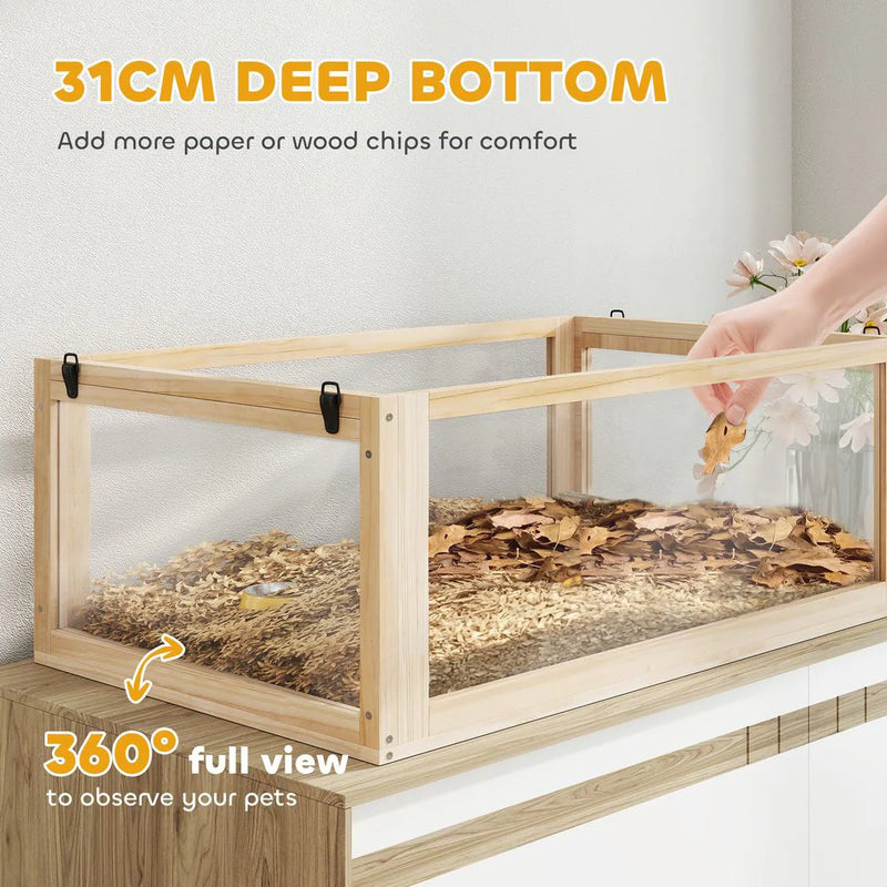 PawHut Wooden Hamster Cage with Detachable 31cm Deep Bottom, Hut, Seesaw, Exercise Wheel, Ramp, 80 x 50 x 76cm, Natural