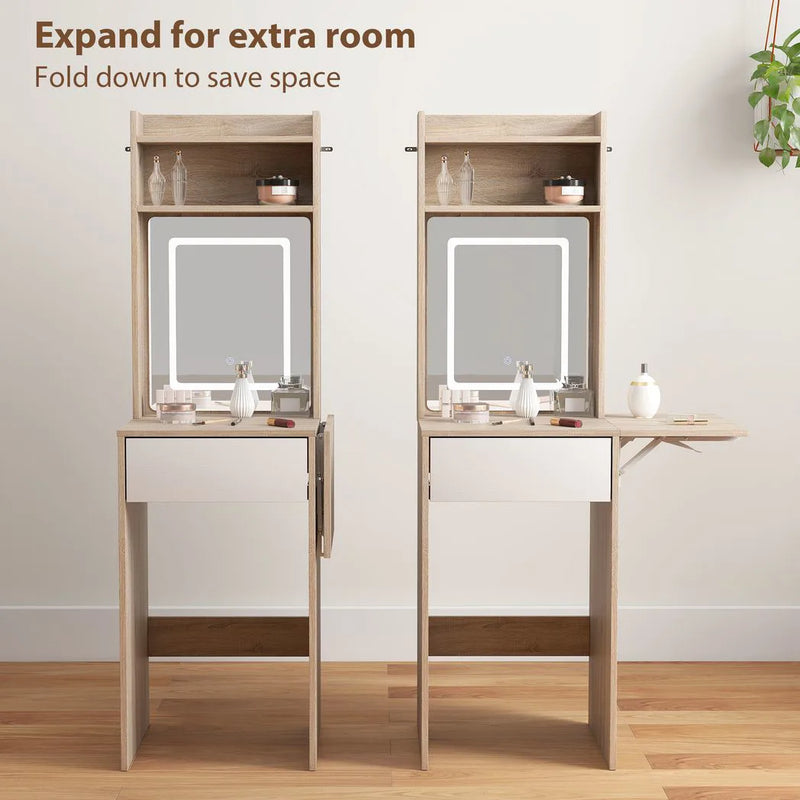 HOMCOM Small Vanity Desk with Mirror and LED Lights, Compact Dressing Table with Drop Leaf, Open Shelves, Natural Wood