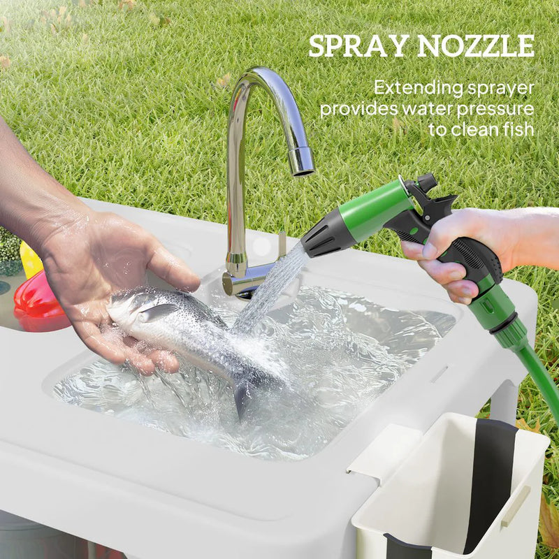 Outsunny Folding Fish Cleaning Table with Sinks, Portable Camping Sink Table with Faucet, Drainage Hose