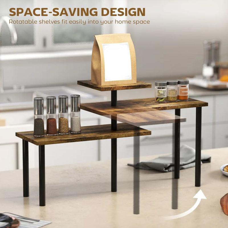 HOMCOM 3-Tier Kitchen Countertop Organiser, Adjustable Spice Rack, Corner Shelf for Kitchen, Coffee Bar, Bathroom, Rustic Brown