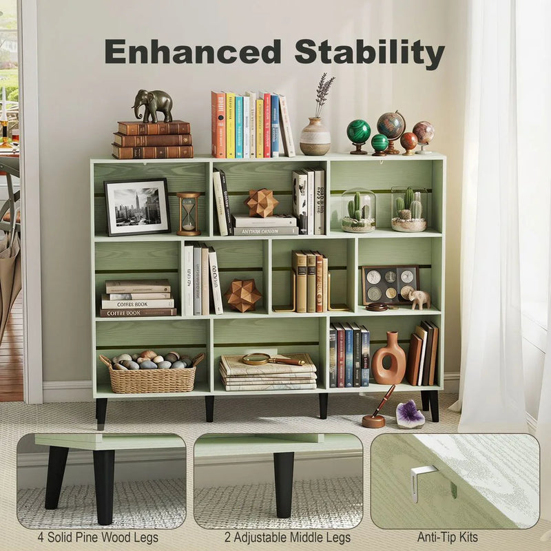 HOMCOM 10-Cube Bookcase, 3-Tier Book Shelf with Solid Wood Legs, 140 cm Modern Bookshelf with Anti-Tip Kit, Light Green