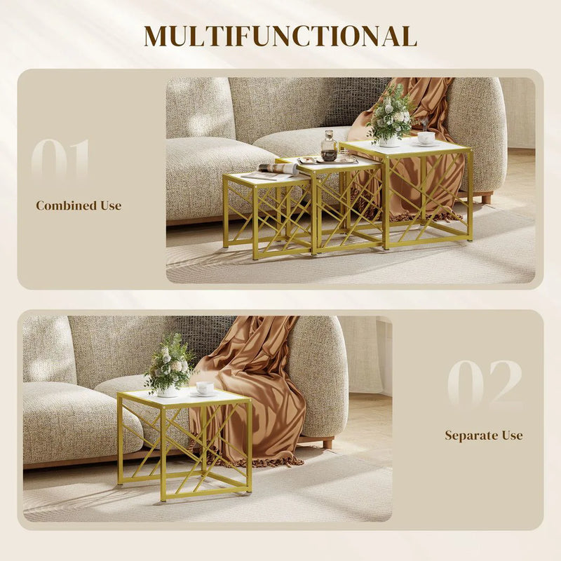 HOMCOM Nesting Coffee Tables, Set of 3 Square Side Tables with Gold Metal Frame, for Living Room, Bedroom and Office, White