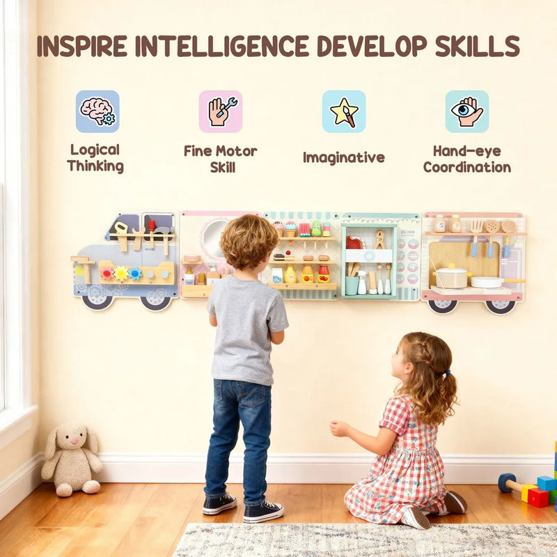 AIYAPLAY Wooden Busy Board, 5 in 1 Activity Wall Panels for Kids 3 Years, for Daycare, Playroom, Home