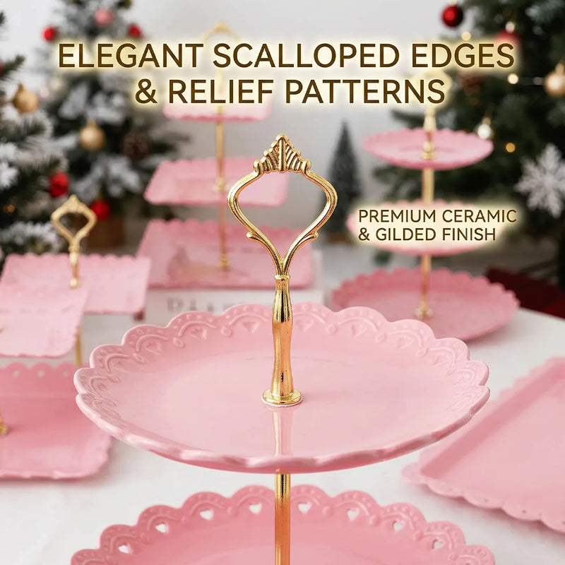 6pcs Cake Stand Afternoon Tea Wedding Plates Party Embossed Tableware Holder-Pink