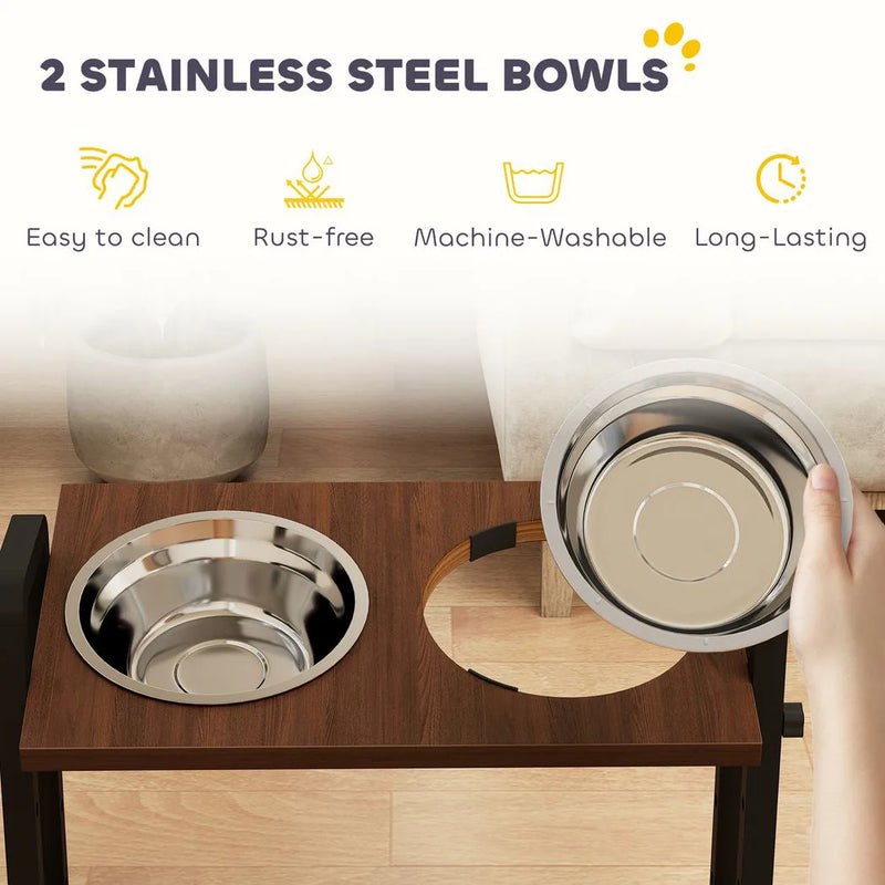 PawHut Raised Dog Bowls with Stand, 4 Heights Adjustable Pet Feeder with 3 Adjustable Angles for Small, Medium & Large Breeds, Brown