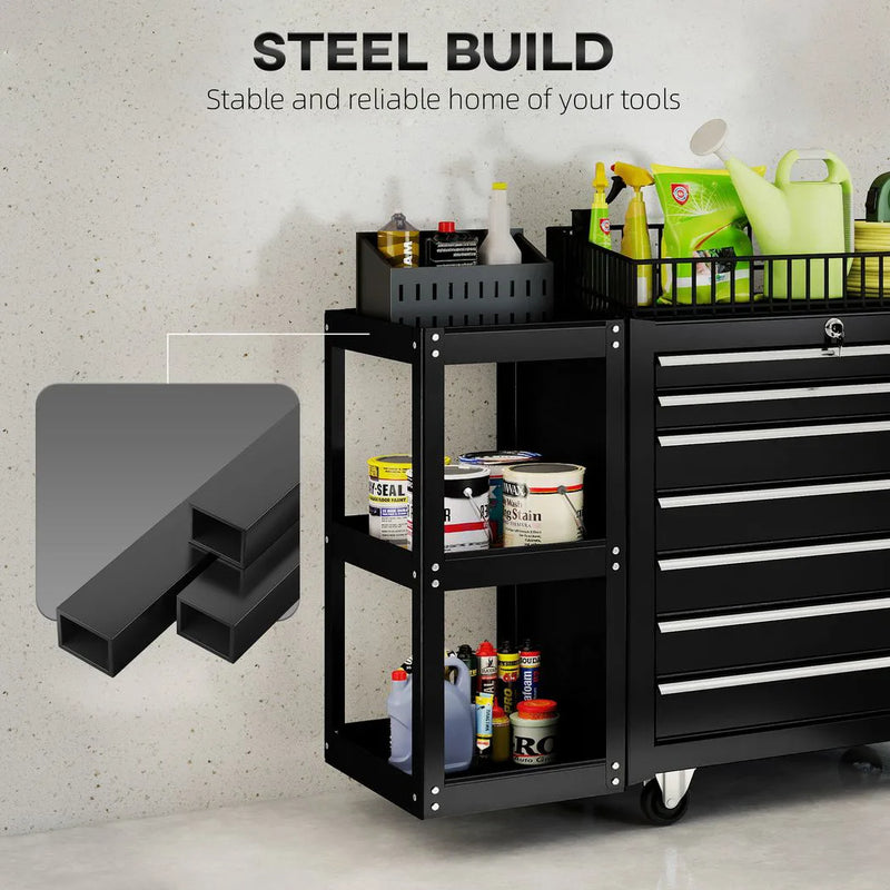 HOMCOM Lockable Steel Tool Chest on Wheels, 7 Drawer Tool Box with Handle for Workshop, Garage, Black