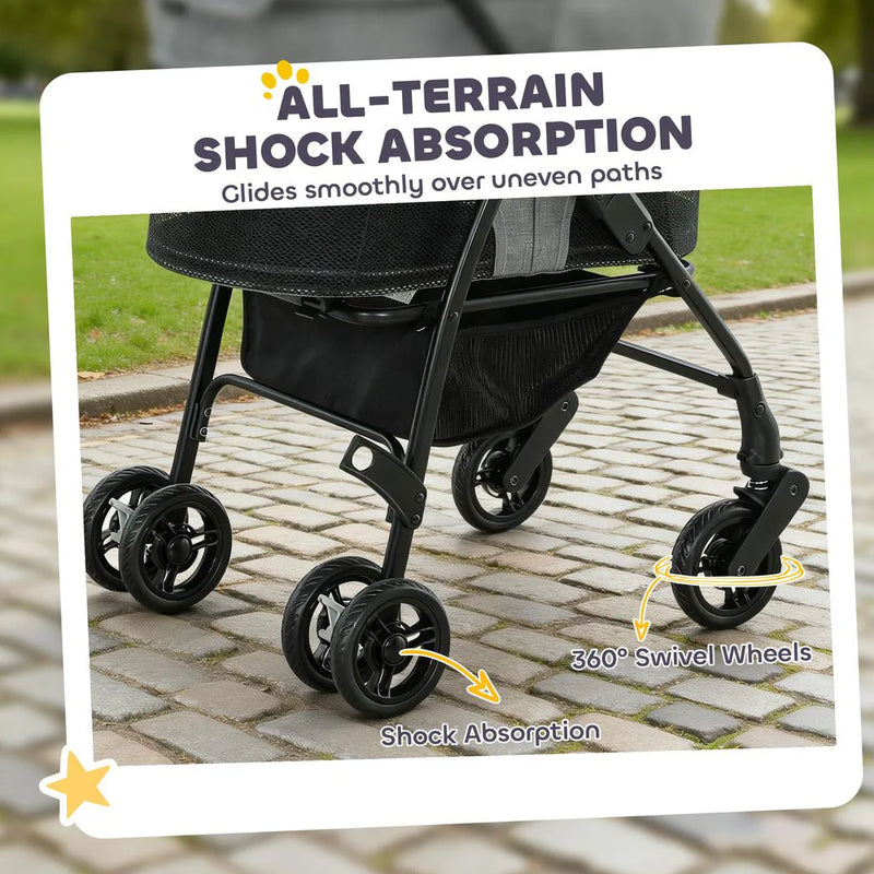 PawHut Pet Stroller, Foldable Dog Cat Stroller with Detachable Carrier, Wheels, Storage Basket, Secure Leash