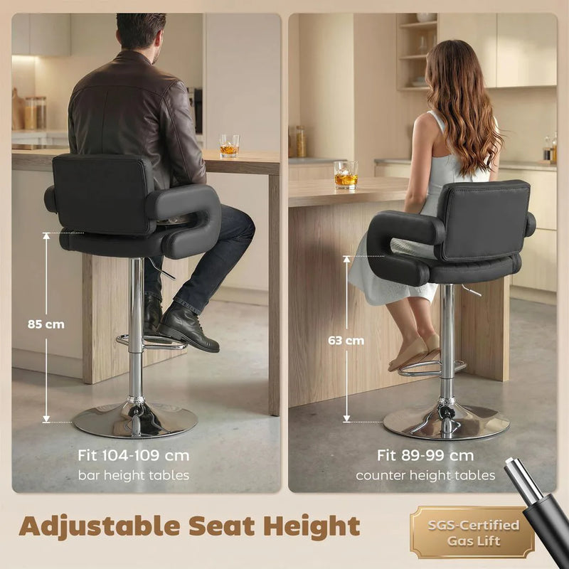 HOMCOM Bar Stools Adjustable Swivel Kitchen Chairs with Backrest Armrest Set of 2 PU Leather Black