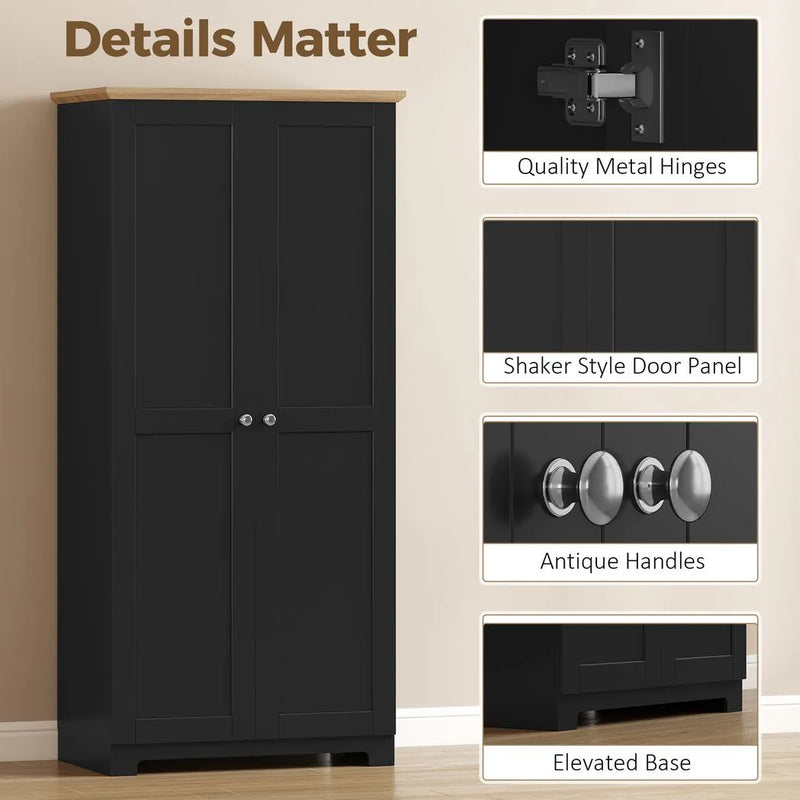HOMCOM Kitchen Cupboard, 172cm Freestanding Storage Cabinet with Doors and Shelves, Black
