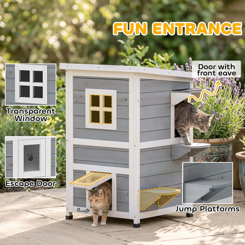 PawHut Wooden Cat House 2-Floor Outdoor Kitten Shelter with 3 Doors and Window Grey