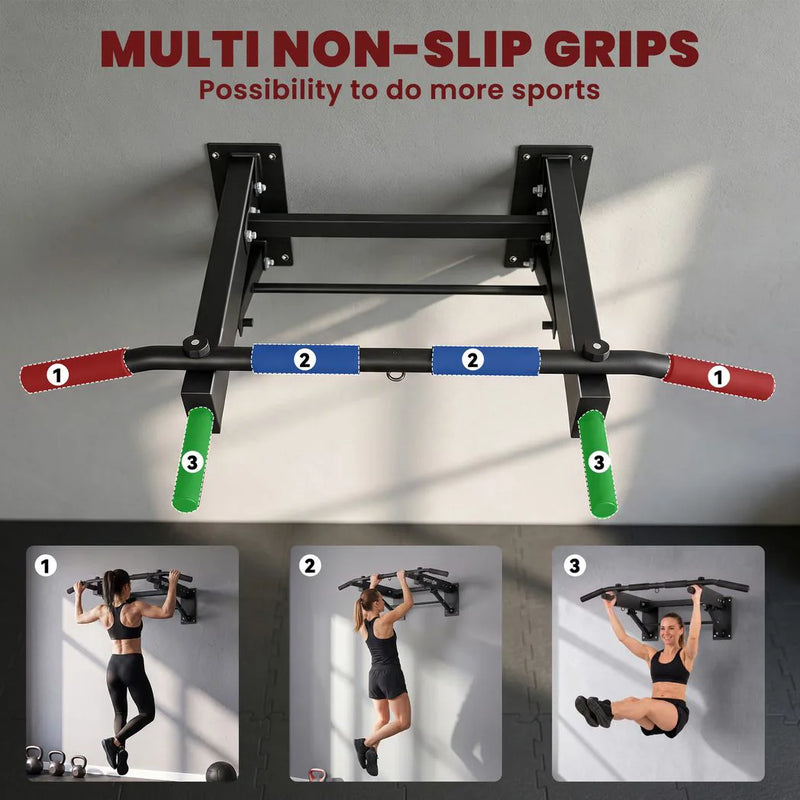 SPORTNOW Pull Up Bar Wall Mounted Chin Up Bar with Folding Design, 3 Hooks for Resistance Bands, Supports up to 120 kg, Black