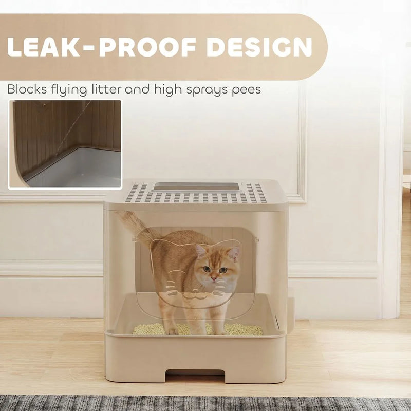 PawHut Cat Litter Box with Lid, Slide-Out Drawer, Scoop, Easy Clean, Odour Control, Anti-Splashing, Khaki