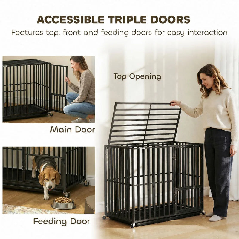 PawHut Heavy Duty Dog Crate, Dog Cage with Wheels for Small Medium Breeds, Metal Pet Kennel with Removable Tray