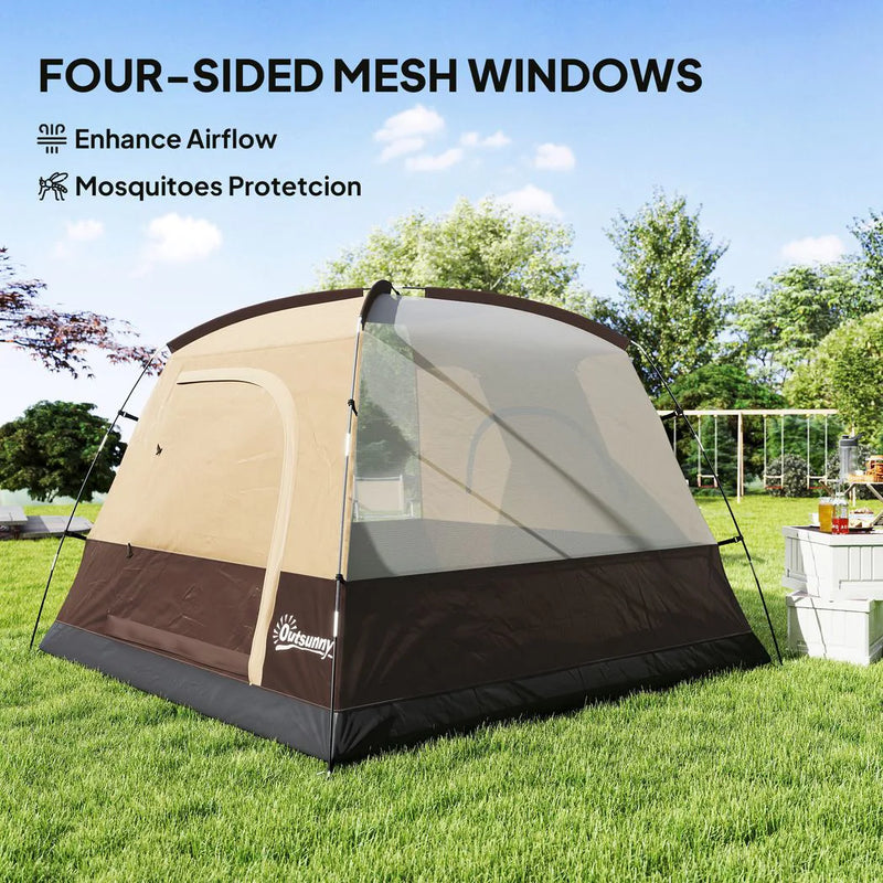 Outsunny Camping Tent, Easy Set Up 2-3 Man Tent with Sewn-in Groundsheet, 3000 mm Dome Tent w/ Mesh Windows, Brown