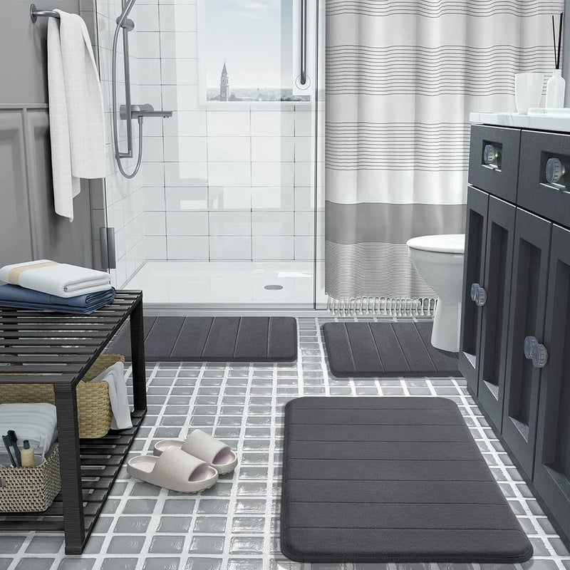 MEMORY FOAM BATH MAT PEDESTAL SET NON SLIP TOILET BATHROOM CONTOUR RUGS 3 PIECE-Grey