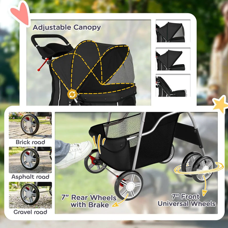 PawHut Dog Pram, Pet Stroller with Reflective Strips, Foldable Cat Stroller with 360° Swivel Wheels, Black