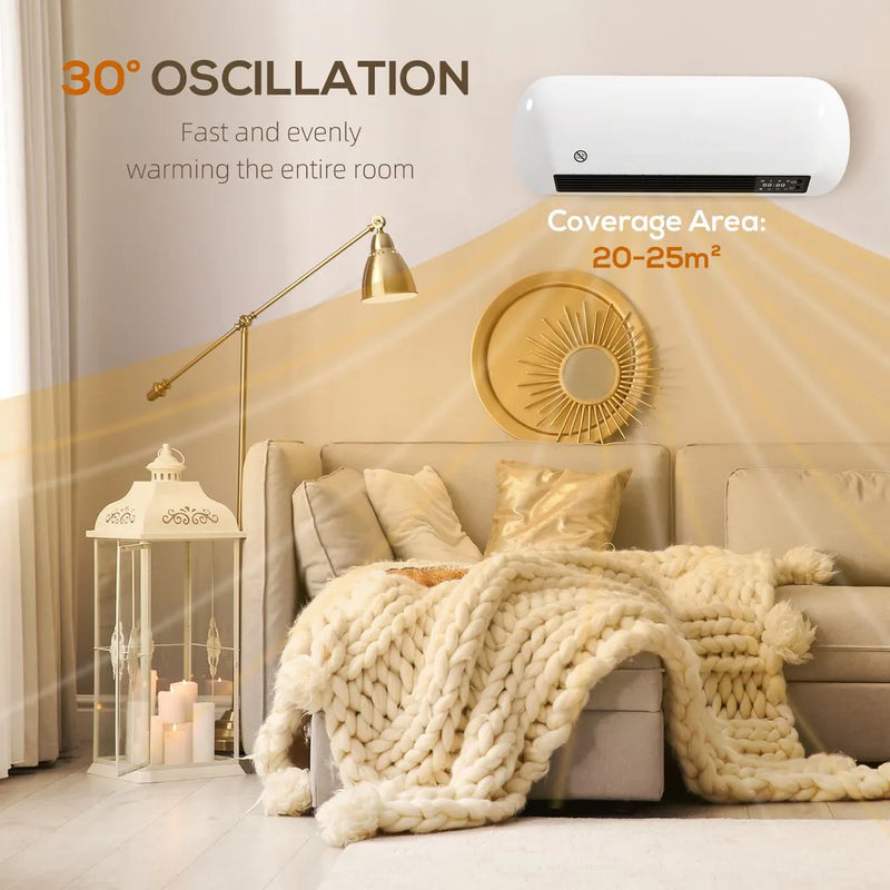 HOMCOM 2000W Ceramic Electric Heater with Fan, Adjustable Thermostat, Wall Mounted - White