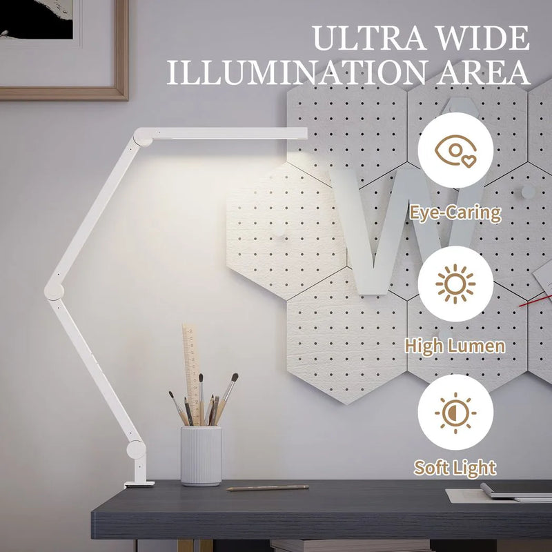 HOMCOM LED Desk Lamp, Dimmable Desk Light with Swing Arm and Clamp, Adjustable Eye-Caring Table Lamp with 2 Colour Modes & 5 Brightness Levels for Study, Drawing, Office, Architect, Task, White