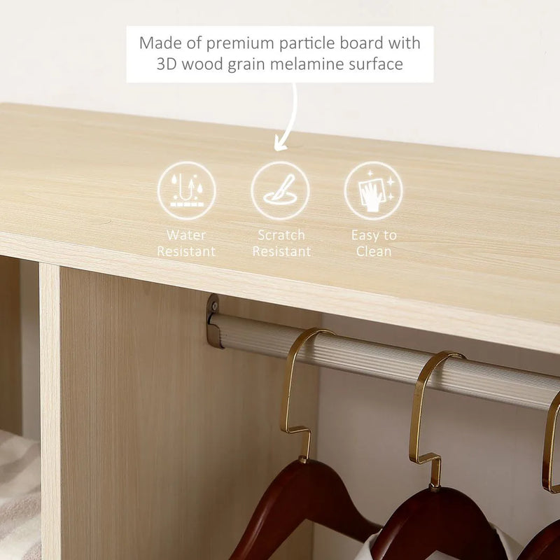 HOMCOM Open Wardrobe on Wheels, Bedroom Wardrobe with Clothes Hanging Rail, 3 Storage Shelves, Mobile Garment Rack for Cloakroom, Hallway, Maple Wood-Effect