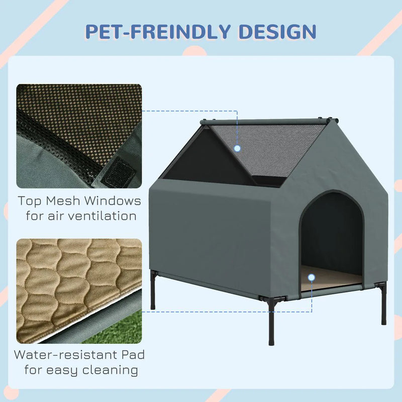 PawHut Dog House Outdoor Elevated Dog Bed with Removable Cover, Mesh Windows, Storage Bag, for S and M-Sized Dogs, Grey
