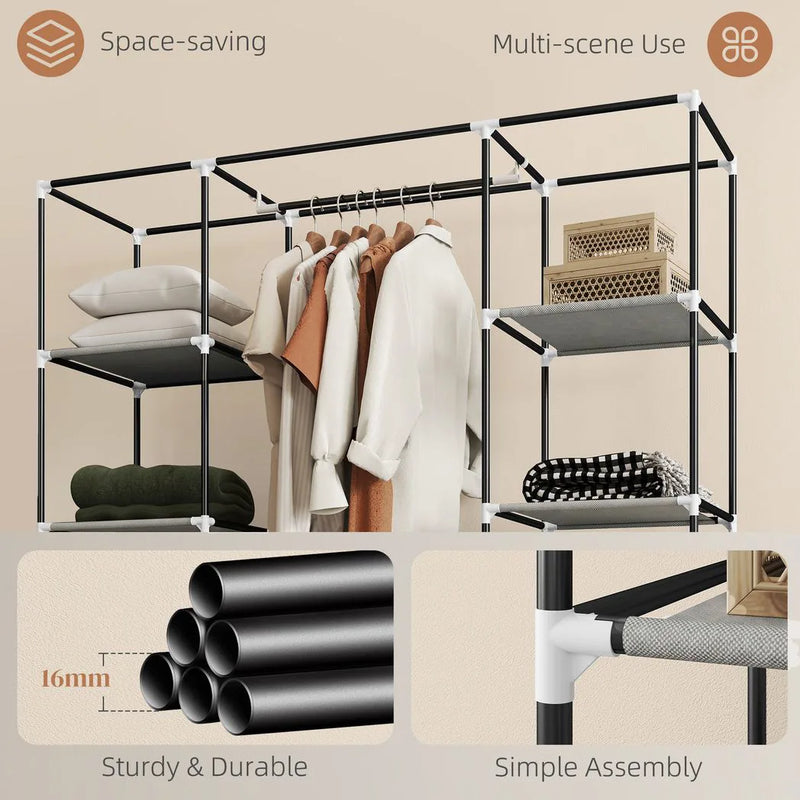 HOMCOM Clothes Storage Organiser with Hanging Rail, Shelves, Portable Wardrobe, Foldable Fabric Wardrobe, Light Grey