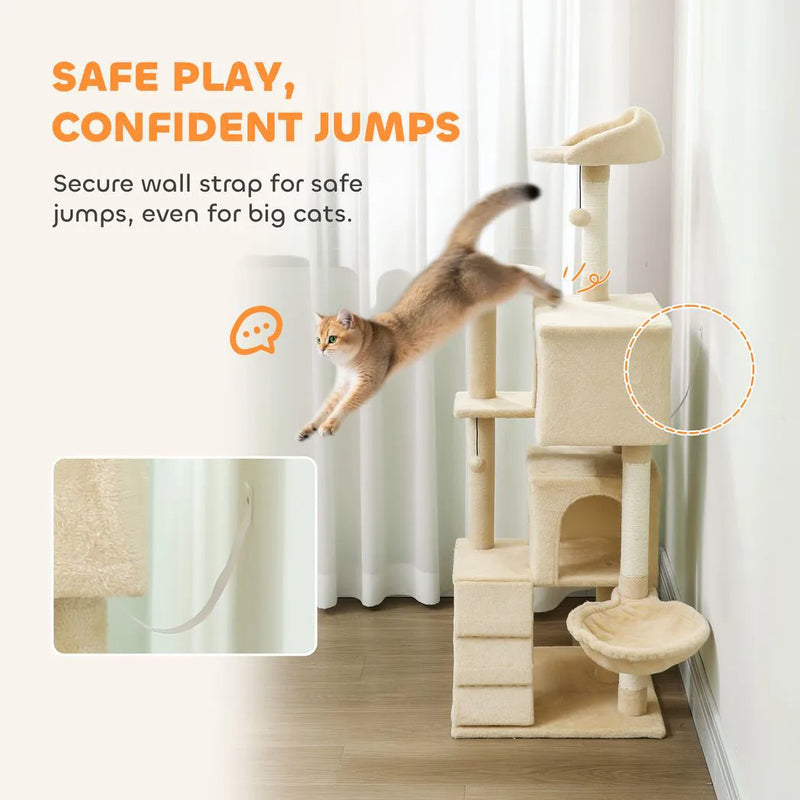 PawHut 140cm Large Cat Tree Tower with Sisal Scratching Posts, Plush Perches, Hammock, Beige