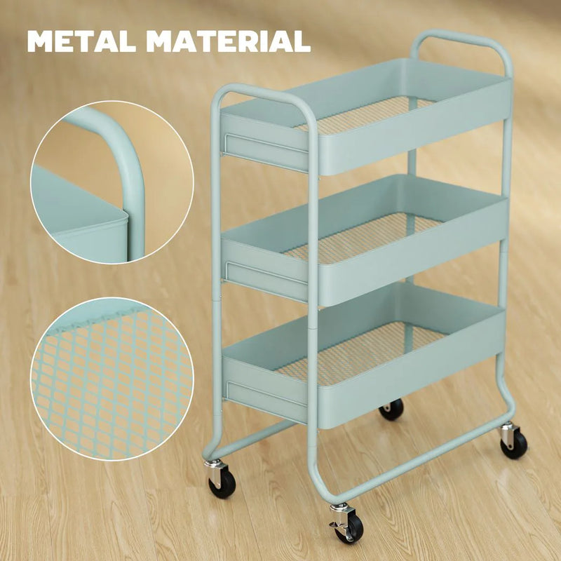 HOMCOM 3-Tier Storage Trolley on Wheels, Rolling Utility Cart with Mesh Backets for Kitchen, Bathroom, Bedroom, Light Green