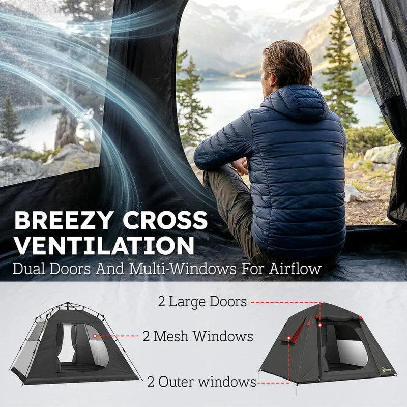 Outsunny Camping Tent 3000mm Waterproof Tent with 2 Doors, Dark Grey and Red