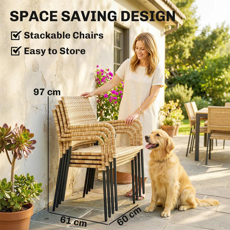 Outsunny 4 Seater Rattan Dining Set with Parasol, 6 Piece Garden Table and Stackable Chairs with Tempered Glass Tabletop