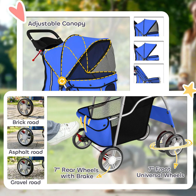 PawHut Dog Pram, Pet Stroller with Reflective Strips, Foldable Cat Stroller with 360° Swivel Wheels, Blue
