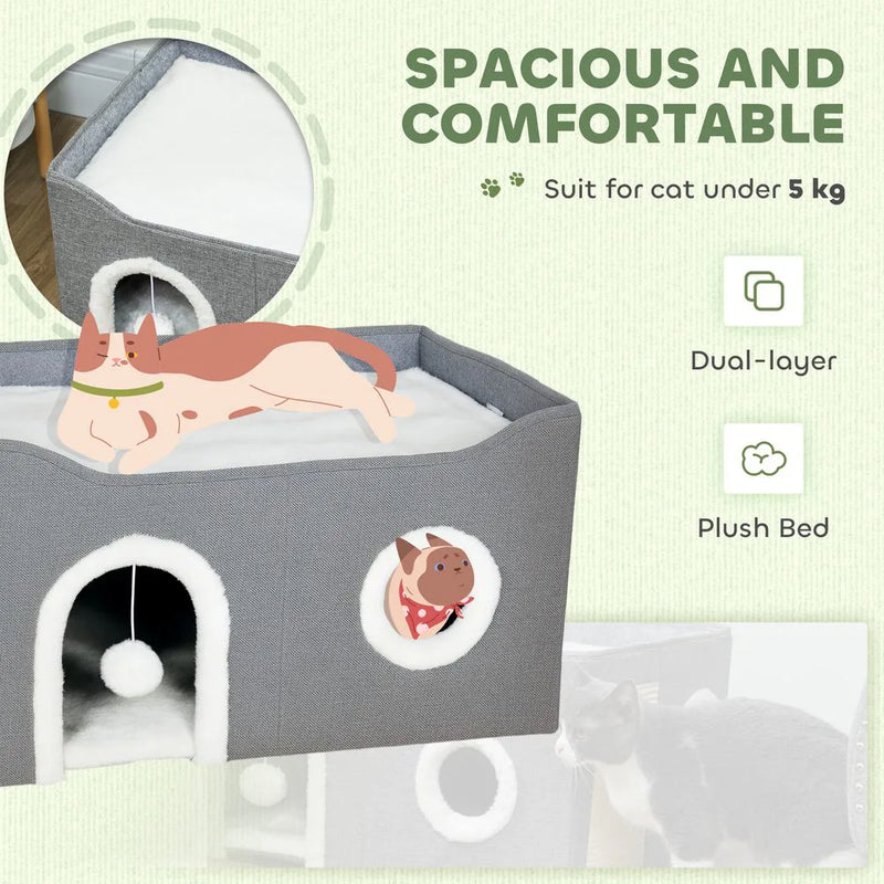 PawHut Cat Bed for Indoor Pets, Foldable Cat House with Fluffy Ball and Scratch Pad for Small and Medium Pets, Grey