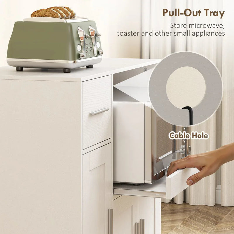HOMCOM Rolling Kitchen Cart, Microwave Cabinet with Sliding Tray, Drawer, 3-Door Cupboards, Adjustable Shelf, White